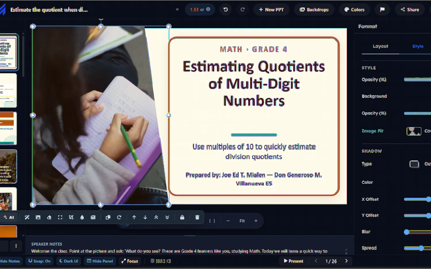 A generated slide deck open in the editor