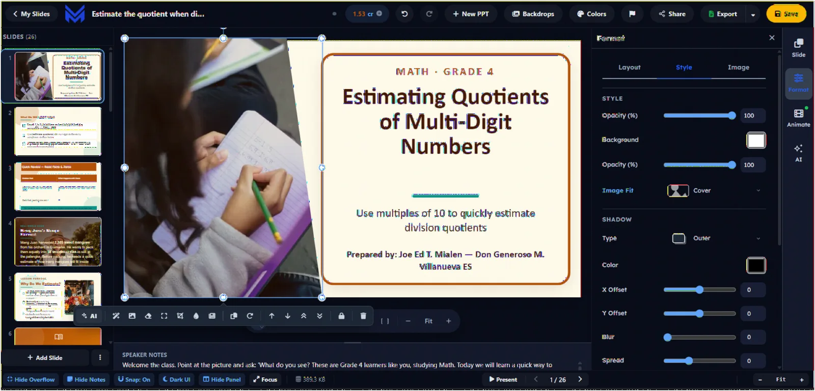 The Matudlo AI slide editor, mid-edit on a Grade 4 math deck