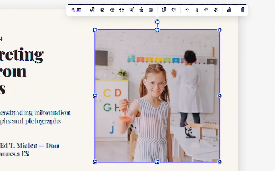 A picture selected on a Matudlo AI slide, with resize handles and the element toolbar