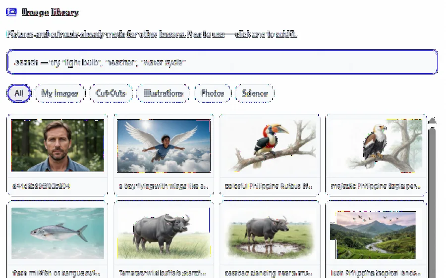 The free image library in Matudlo AI, a searchable grid of classroom pictures